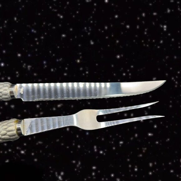 1980s Stainless Metal Handle Knife And Meat Fork Set 2 Vintage Bird 11”L 13”Long - Picture 9 of 16